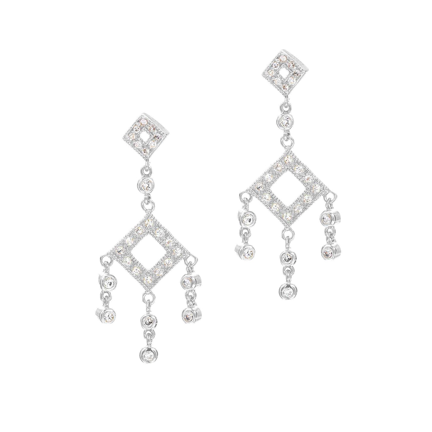 A princess cut sapphire chandelier earrings displayed on a neutral white background.