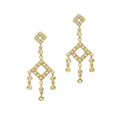 A princess cut sapphire chandelier earrings displayed on a neutral white background.