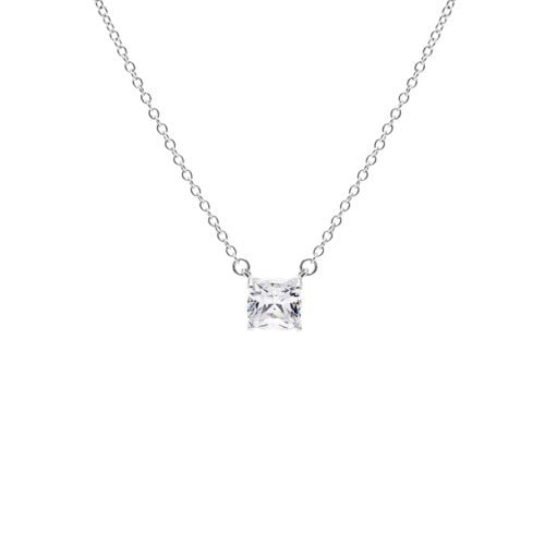 A princess cut solitaire penant displayed on a neutral white background.