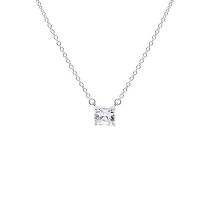 A princess cut solitaire penant displayed on a neutral white background.