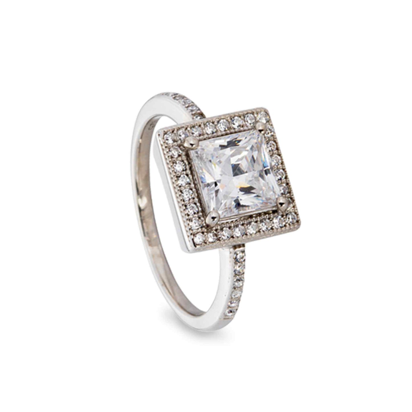 A princess cut tiffany style ring with 41 simulated diamonds displayed on a neutral white background.