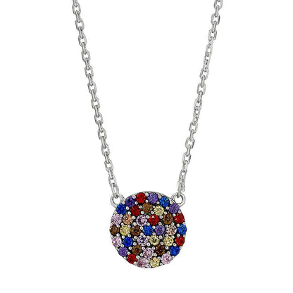 A rainbow circle necklace with simulated diamonds & gemstones displayed on a neutral white background.