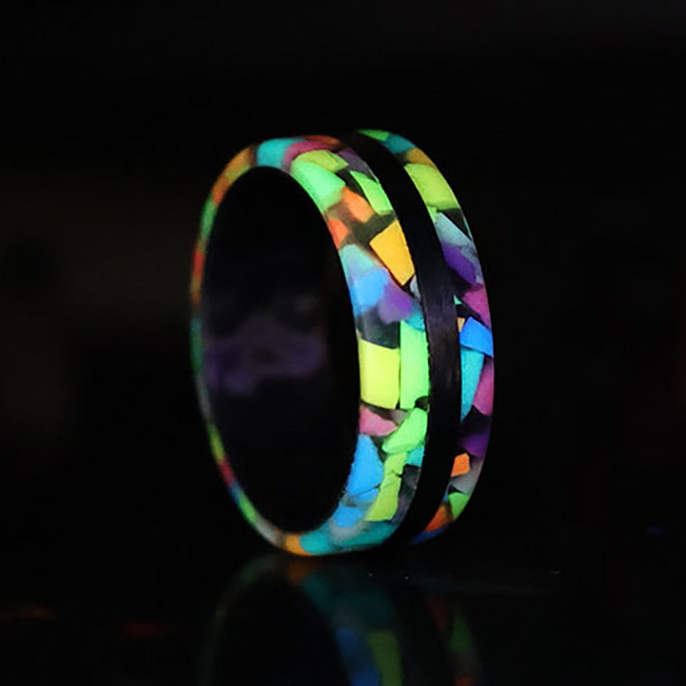 Rainbow Asymmetrical Glow-in-the-Dark Men's Wedding Band with Carbon Fiber