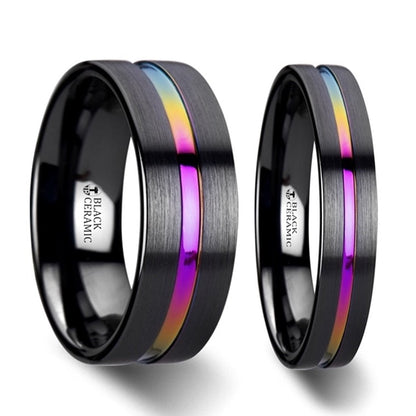 Rainbow Grooved Brushed Black Ceramic Couple's Matching Wedding Band Set