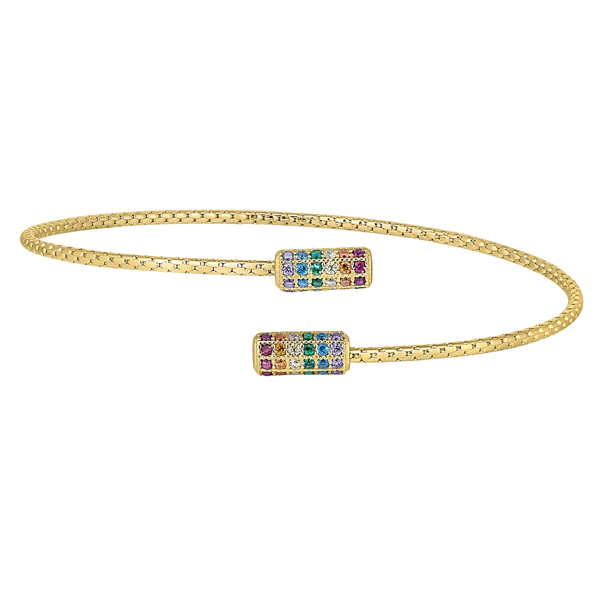 A rainbow negative space spiral wrap cable bracelet displayed on a neutral white background.