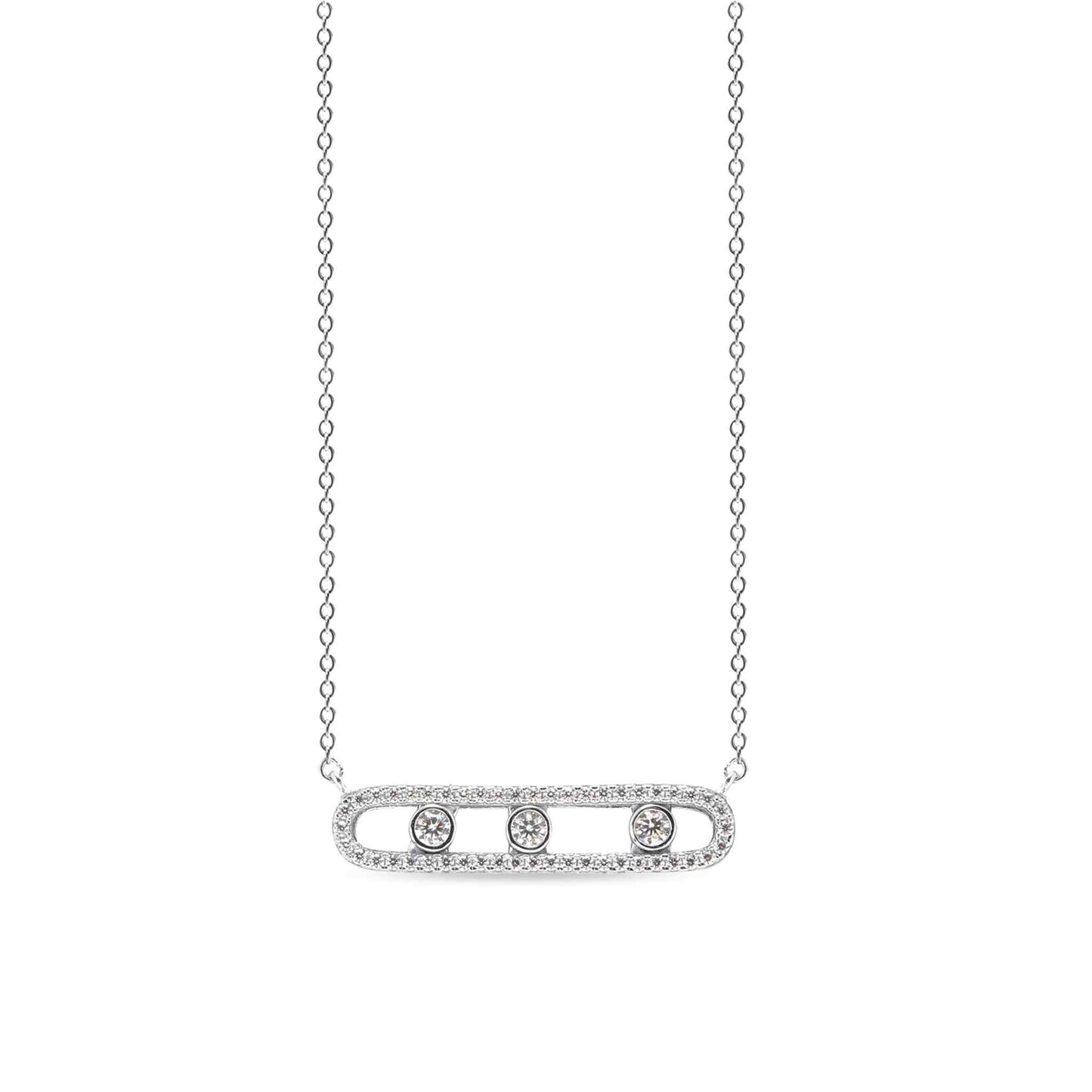 A rectangular floating stones necklace with simulated diamonds displayed on a neutral white background.