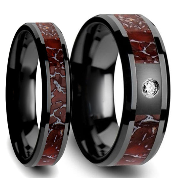 Black Ceramic Couple's Ring Set with Red Dinosaur Bone Vansweden