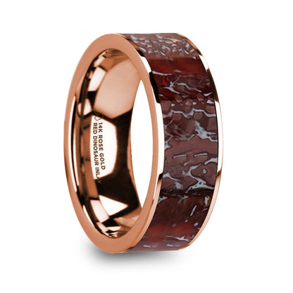 Red Dinosaur Bone Inlay 14k Rose Gold Men's Wedding Band