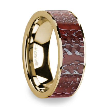 Red Dinosaur Bone Inlay 14k Yellow Gold Men's Wedding Band