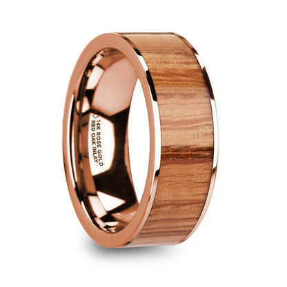 Red Oak Wood Inlay 14k Rose Gold Men's Wedding Band