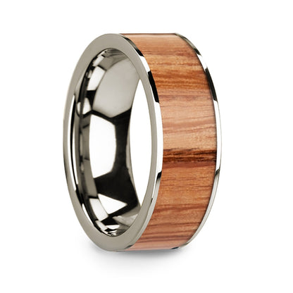 Red Oak Wood Inlay 14k White Gold Men's Wedding Band