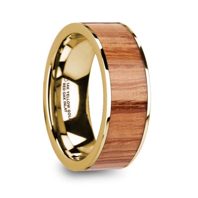 Red Oak Wood Inlay 14k Gold Men's Ring