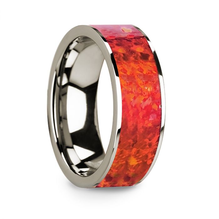 Red Opal Inlay 14k White Gold Men's Wedding Band