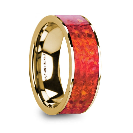 Red Opal Inlay 14k Yellow Gold Men's Wedding Band
