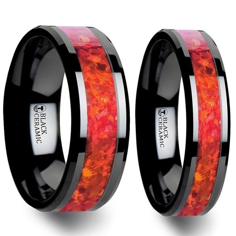 Red Opal Inlay Black Ceramic Couple's Matching Wedding Band Set