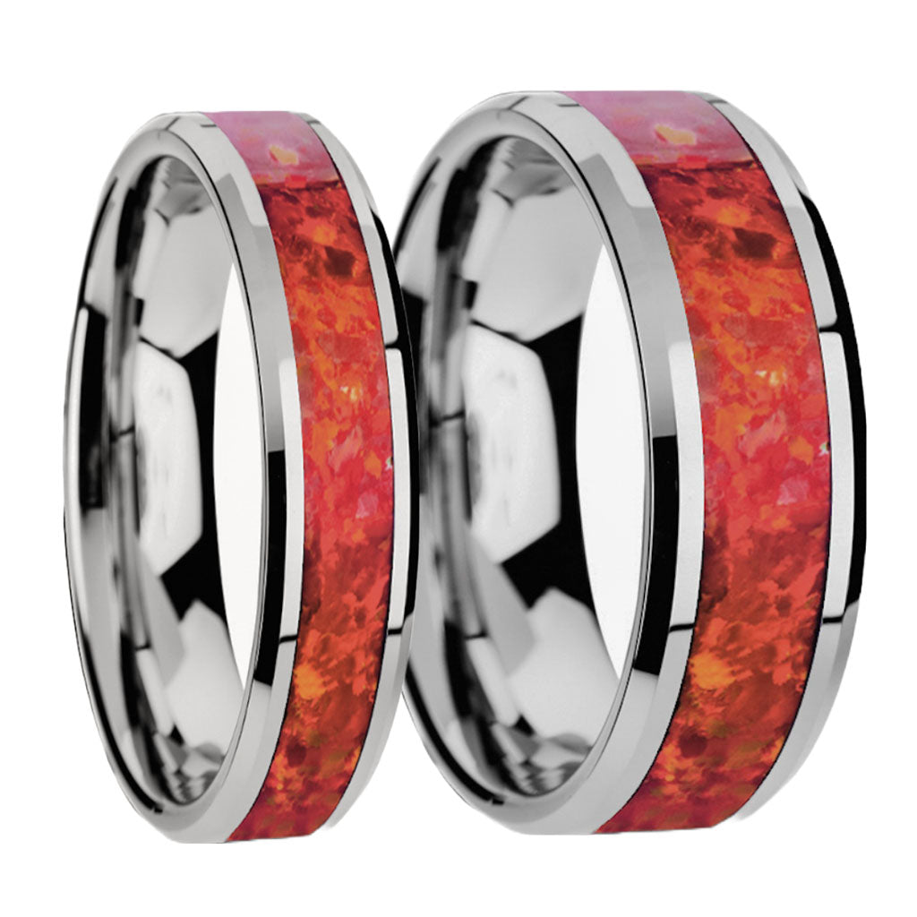 Red Opal Inlay Tungsten Couple's Matching Wedding Band Set