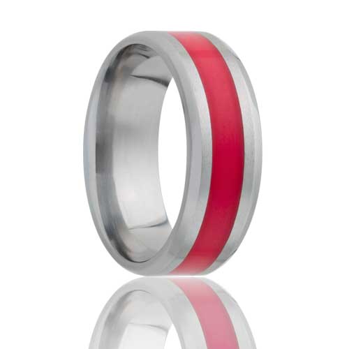Red Stripe Inlay Titanium Wedding Band with Beveled Edges