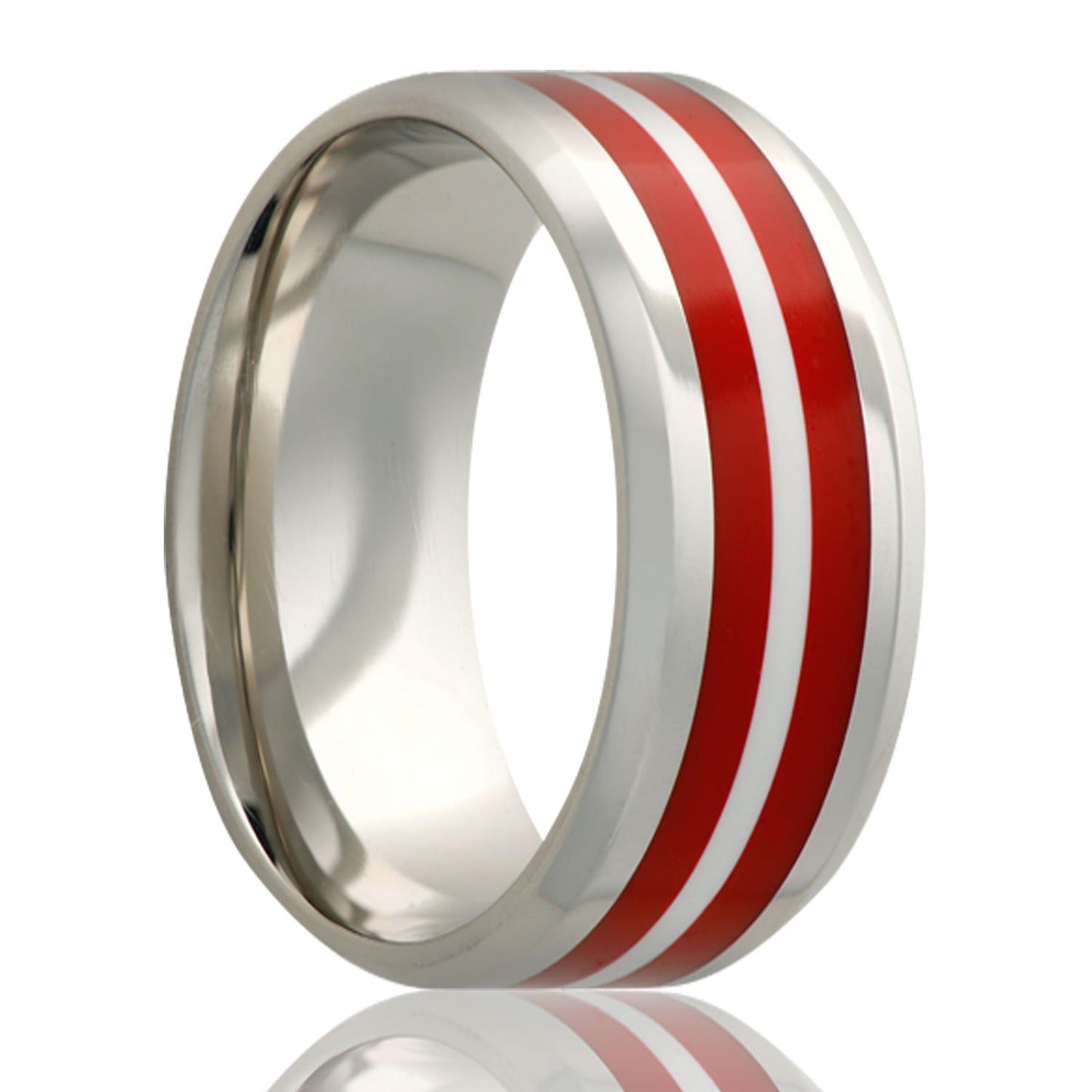 Red Stripes Inlay Titanium Wedding Band with Beveled Edges
