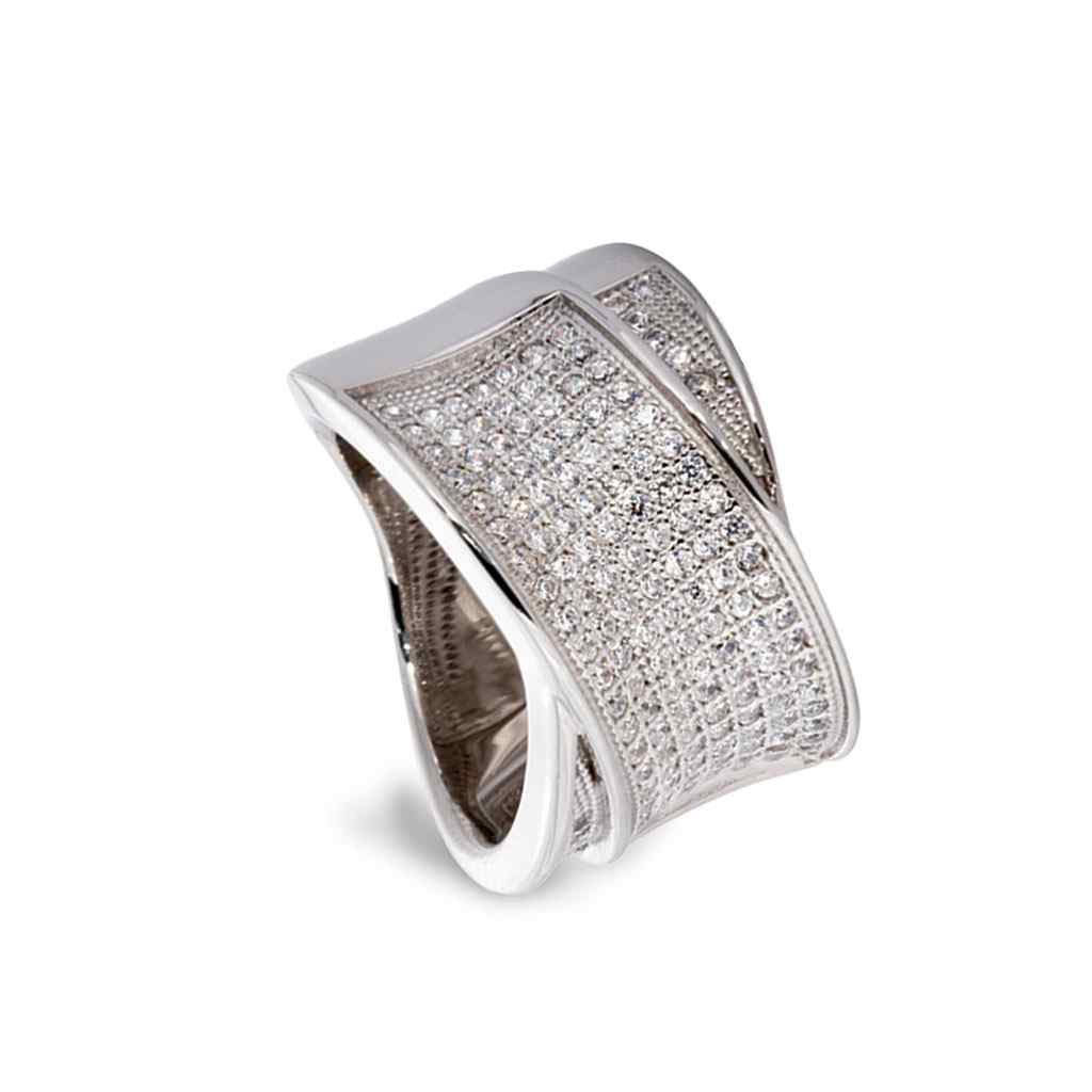 A ribbon ring with 147 simulated diamonds displayed on a neutral white background.
