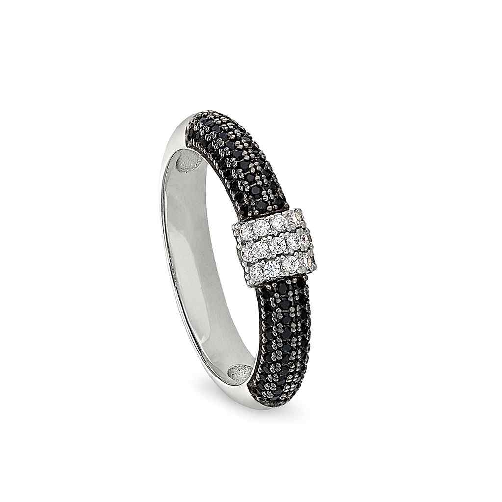 A ring with black & white simulated diamonds displayed on a neutral white background.
