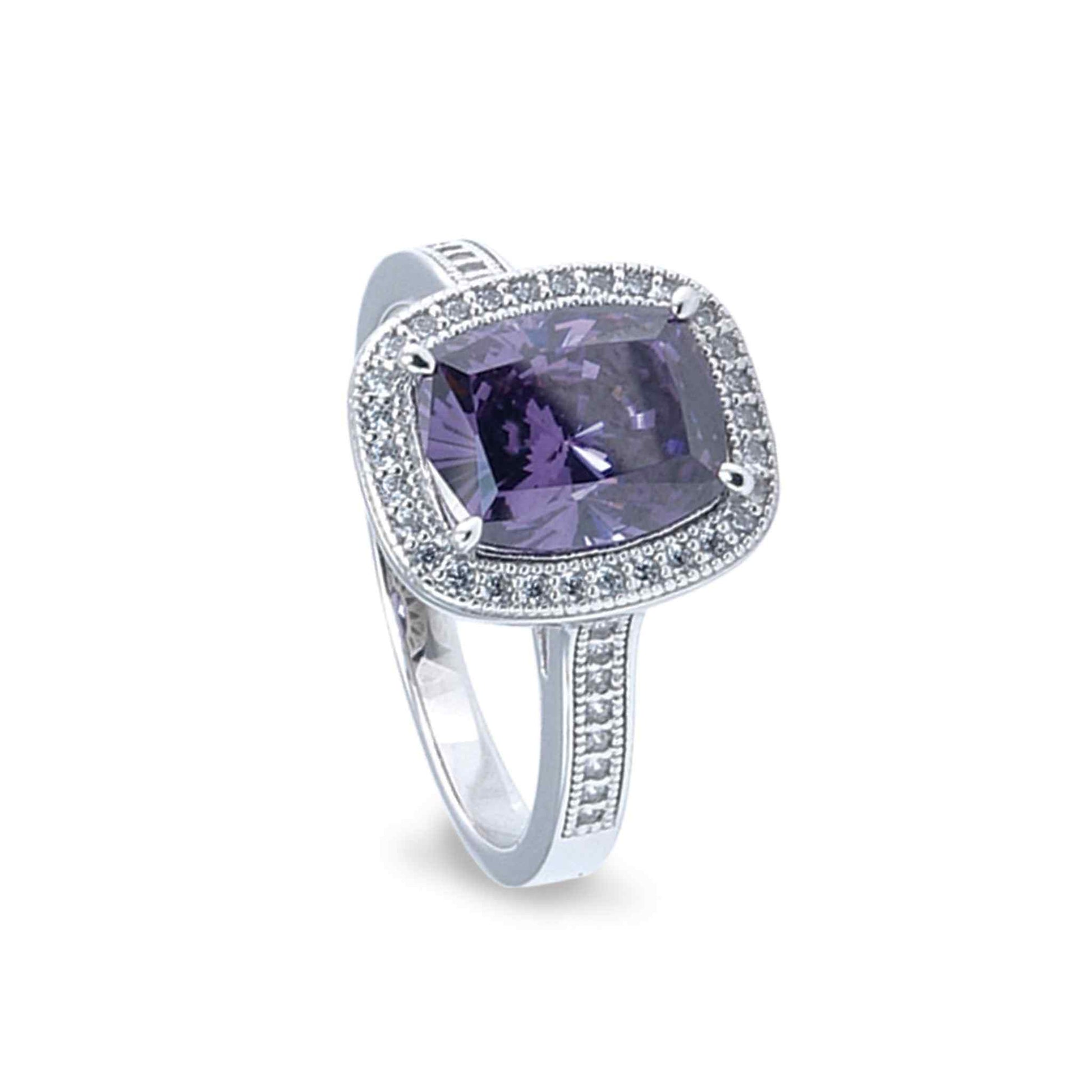 A ring with simulated amethyst and simulated diamonds displayed on a neutral white background.