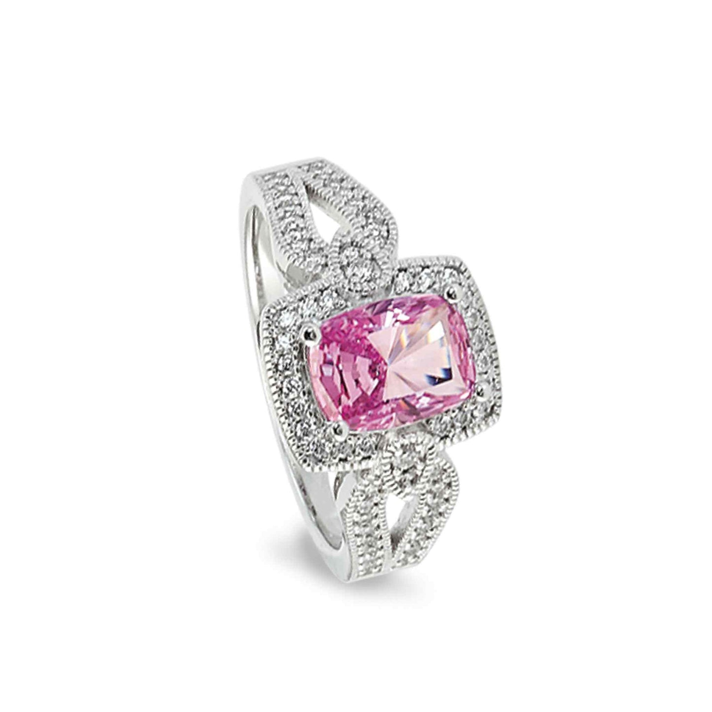 A ring with simulated pink ruby and simulated diamonds displayed on a neutral white background.