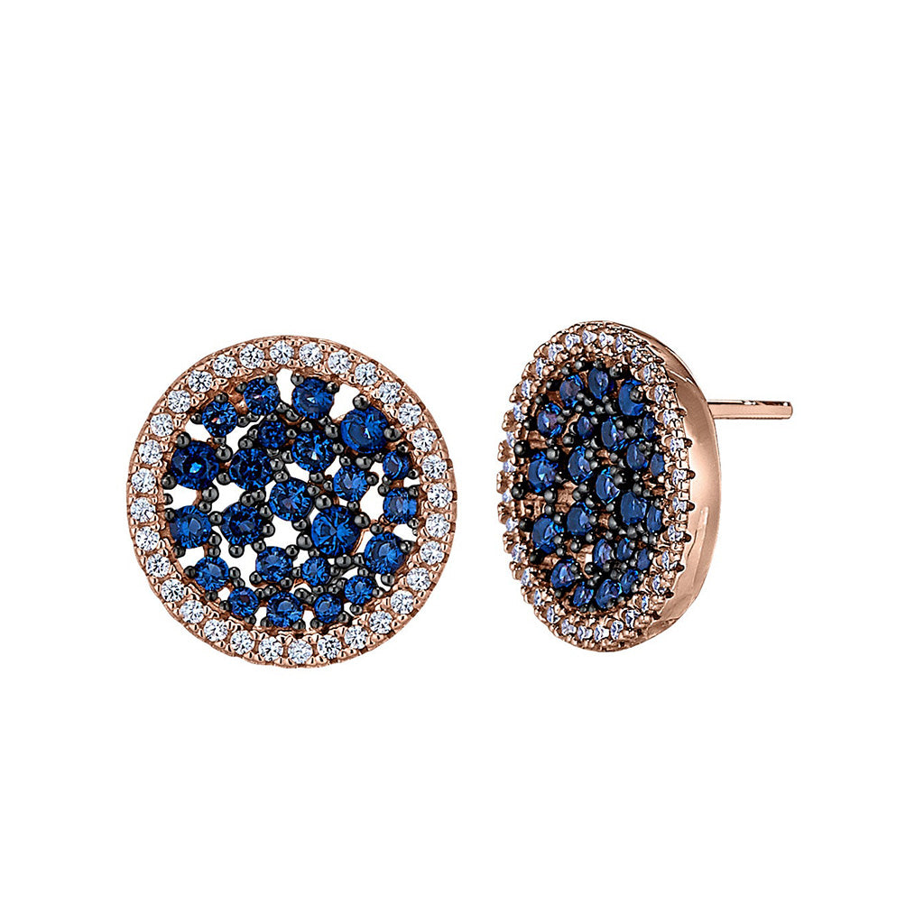 A rose gold and black sterling silver circle earrings with simulated sapphires and simulated diamonds displayed on a neutral white background.