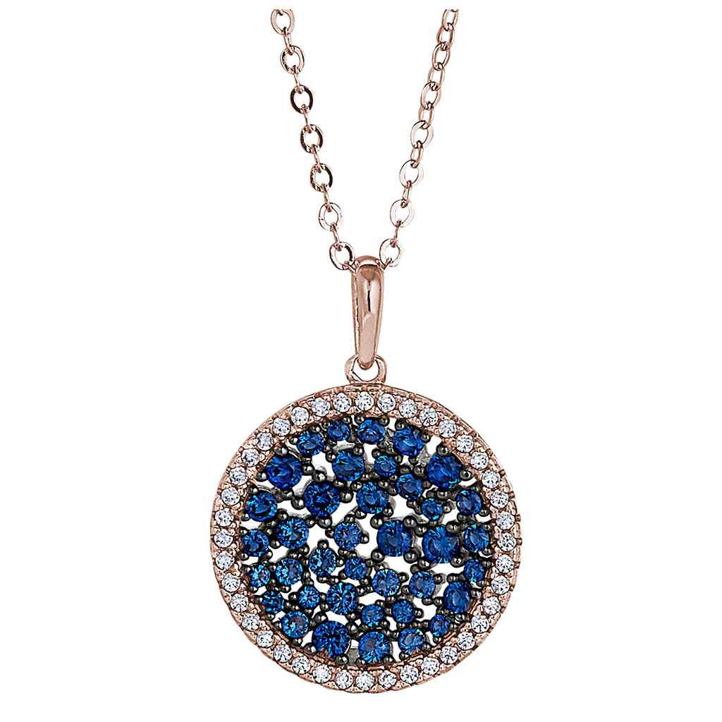 A rose gold & black sterling silver circle pendant with simulated blue sapphires and simulated diamonds displayed on a neutral white background.