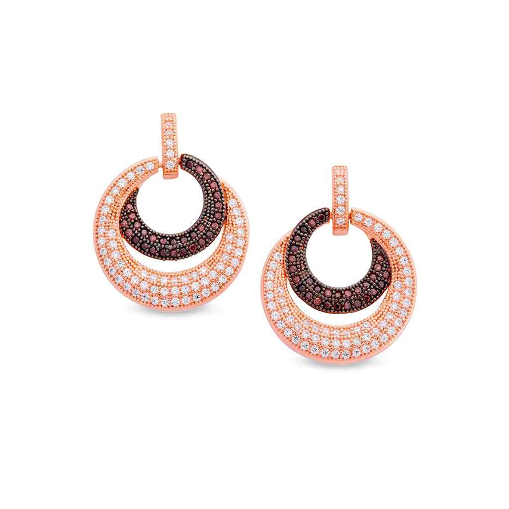 A rose gold & black sterling silver earrings with brown & white simulated diamonds displayed on a neutral white background.