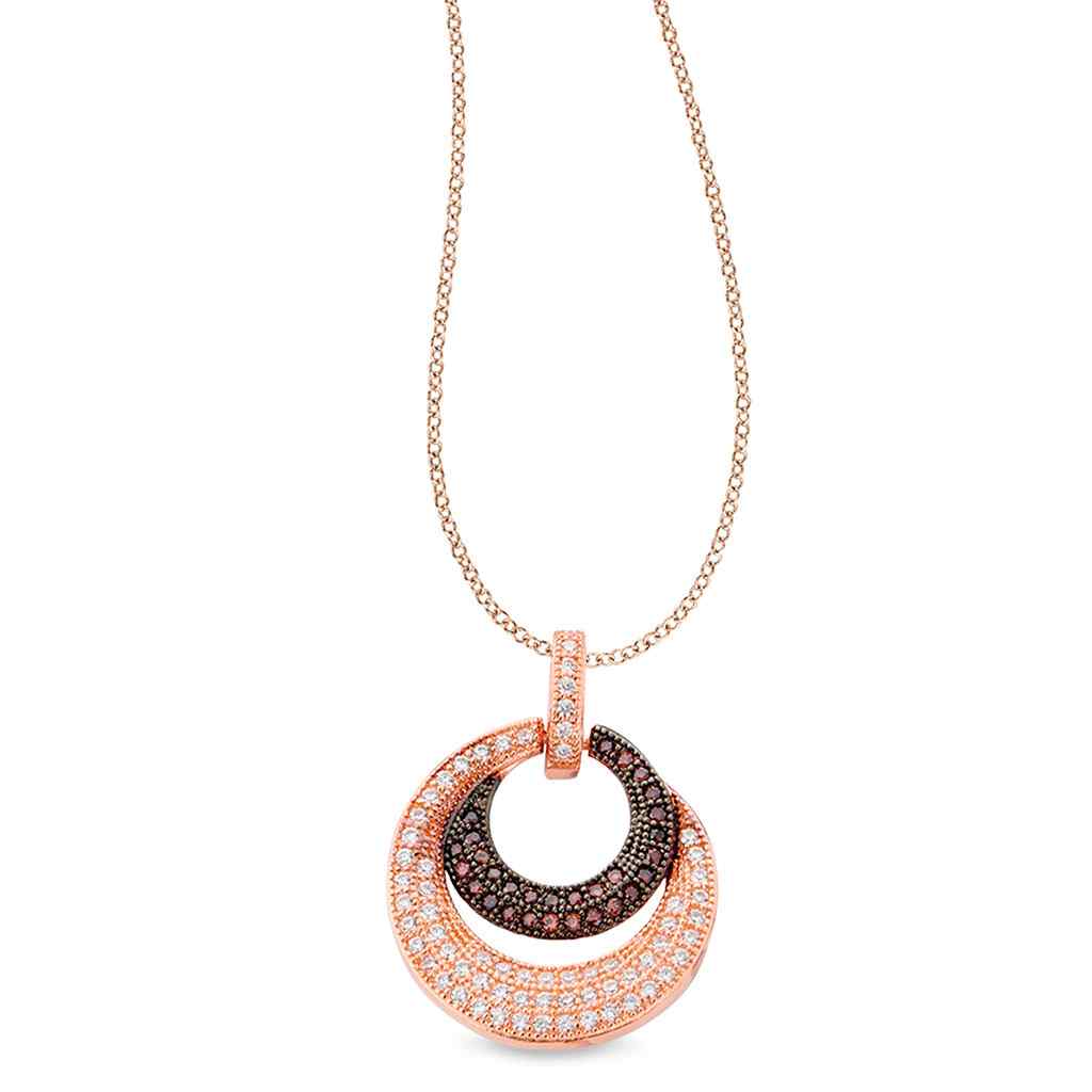 A rose gold & black sterling silver pendant with brown & white simulated diamonds displayed on a neutral white background.