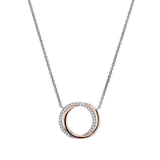 A rose gold and double circle two tone necklace with simulated diamonds displayed on a neutral white background.