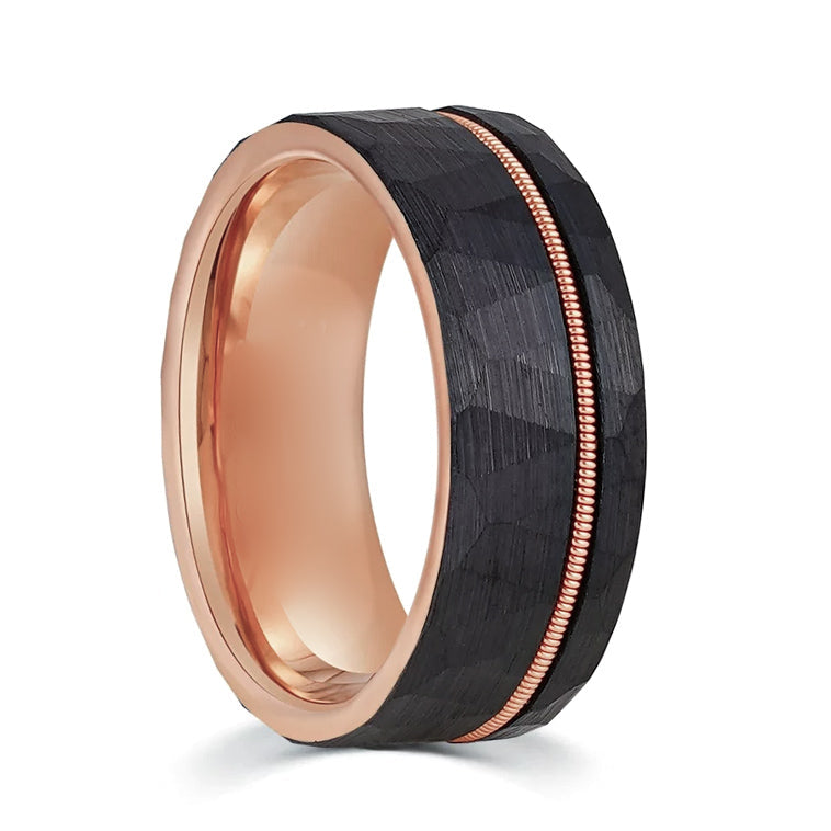 Rose Gold Guitar String Inlaid Asymmetrical Hammered Tungsten Men's ...