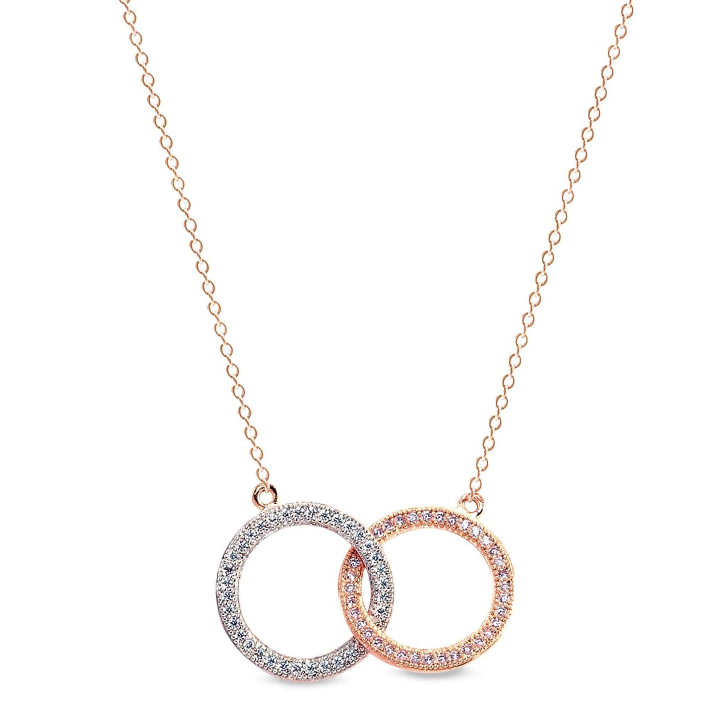 A rose gold and intertwined circles necklace with simulated diamonds displayed on a neutral white background.