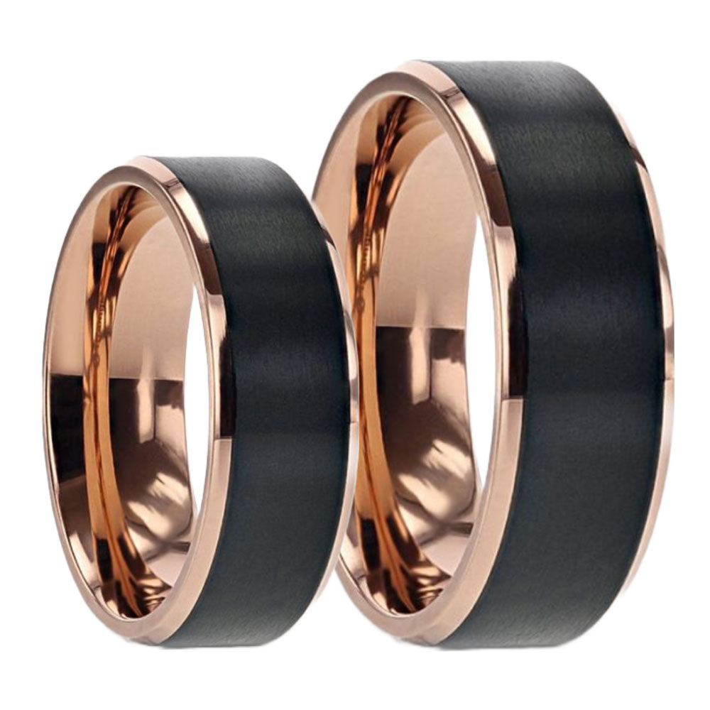 Rose Gold Plated Titanium Couple's Matching Wedding Band Set with Black Center