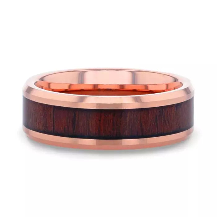 Rose Gold Plated Tungsten Men's Wedding Band with Koa Wood Inlay