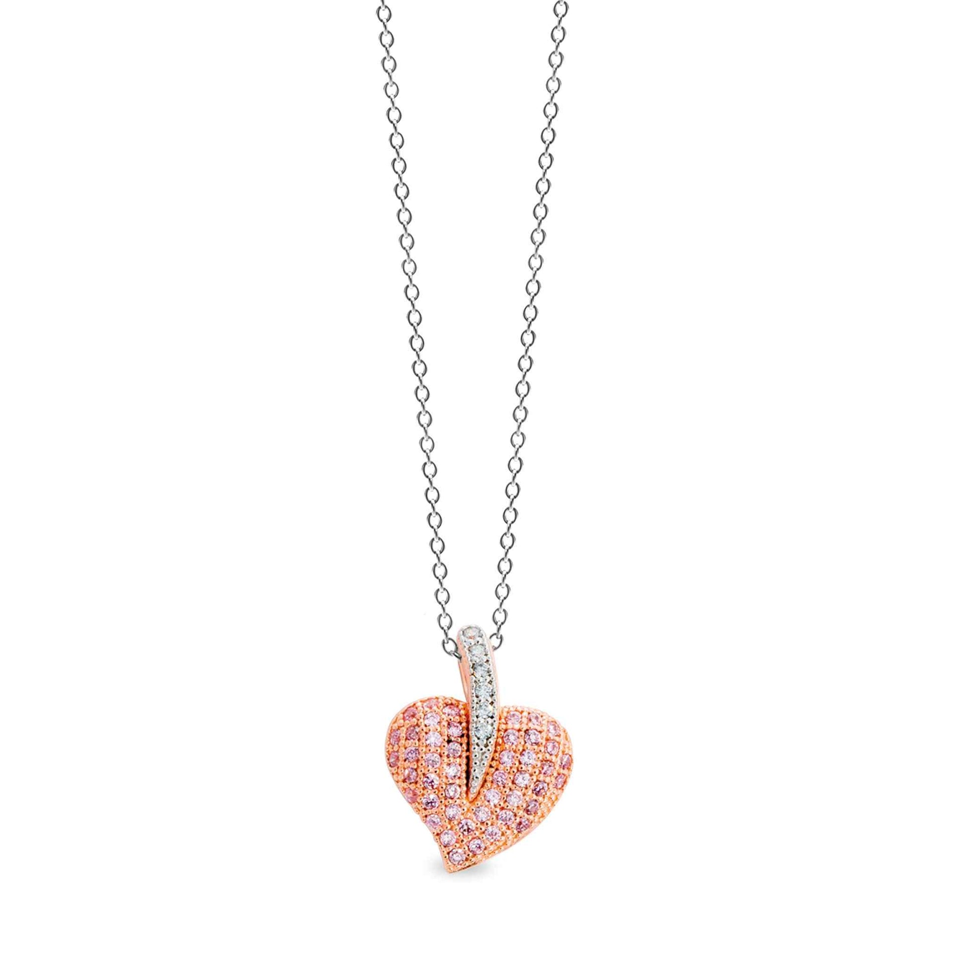 A rose gold and platinum finish sterling silver heart pendant with 51 simulated diamonds displayed on a neutral white background.