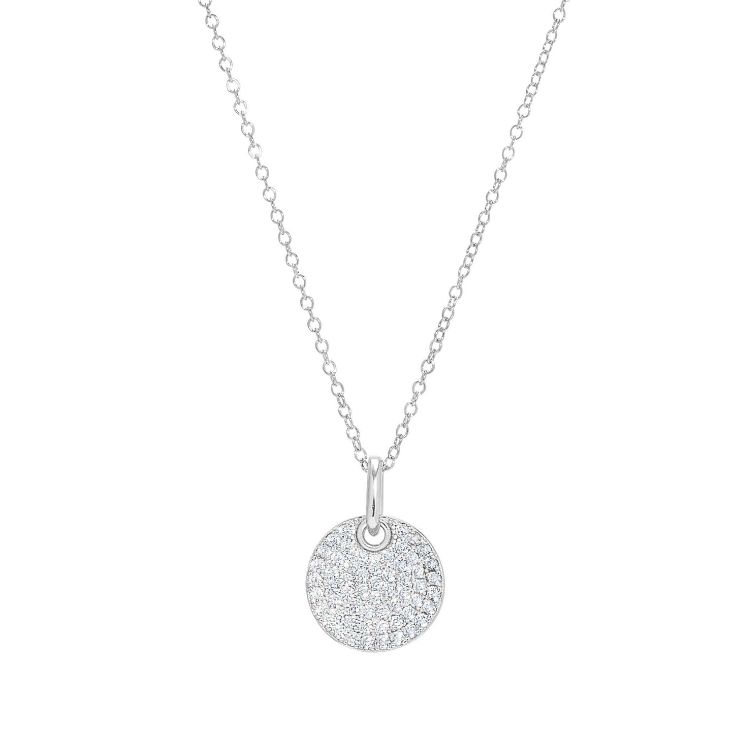 A rose gold and round necklace with simulated diamonds displayed on a neutral white background.