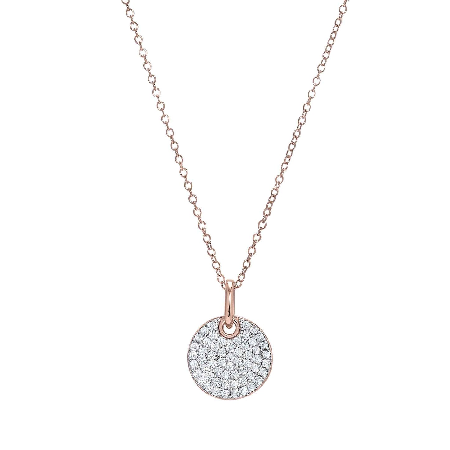 A rose gold and round necklace with simulated diamonds displayed on a neutral white background.