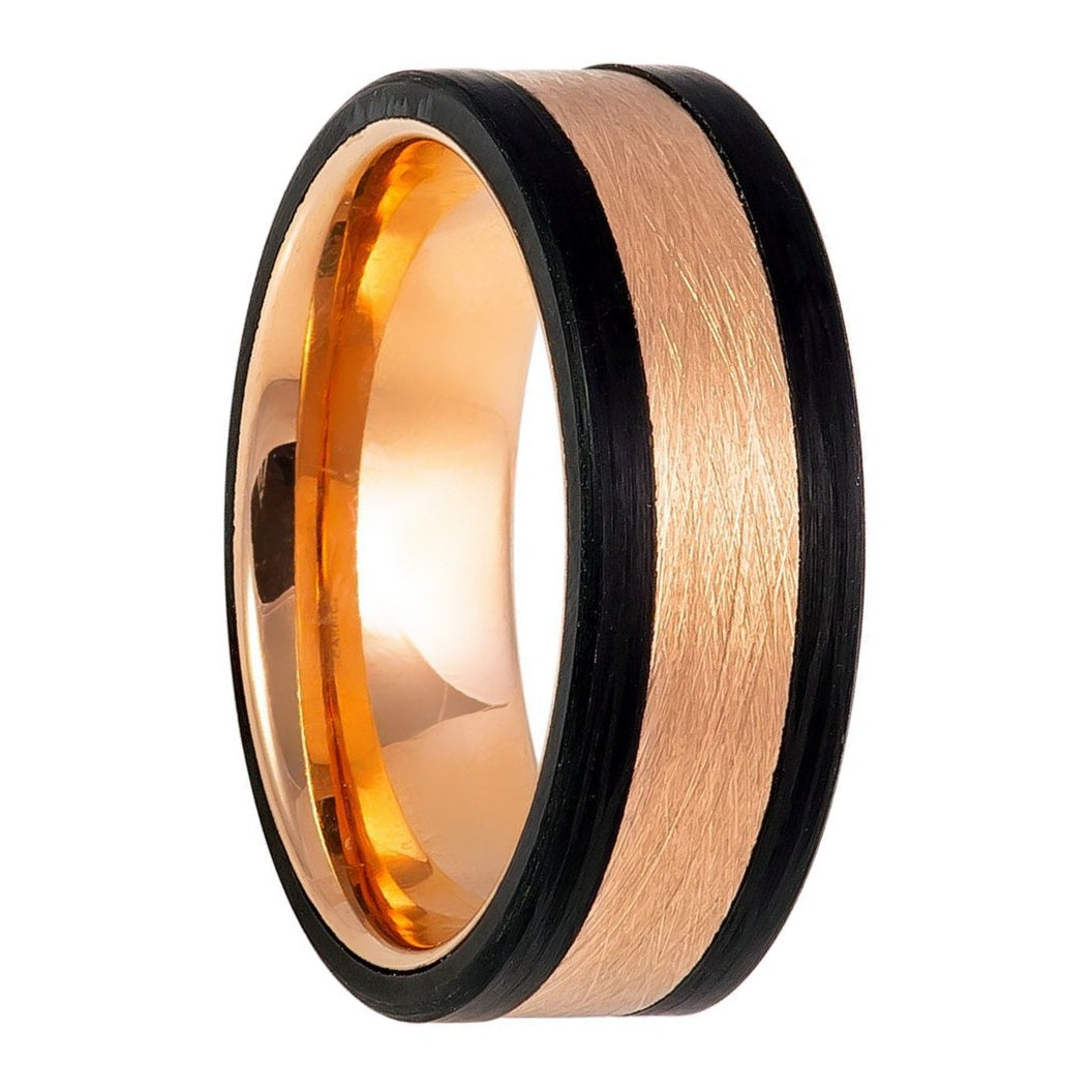 Wire Brushed Rose Gold Tungsten Men's Wedding Band with Black Edges