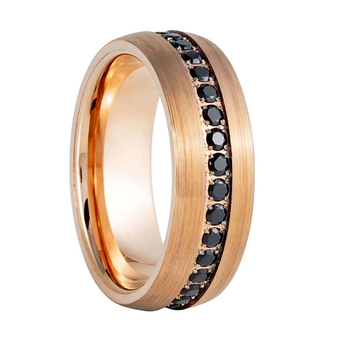 Rose Gold Tungsten Men's Wedding Band with Black Cubic Zirconia