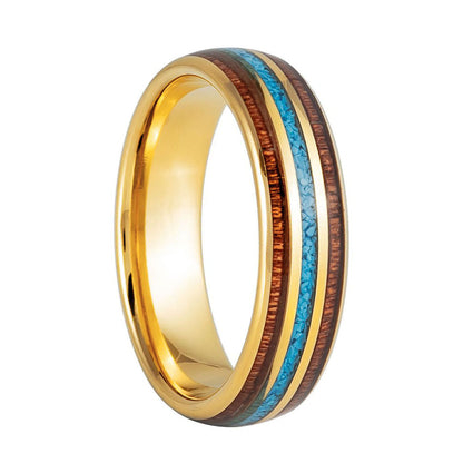 Yellow Gold Tungsten Men's Wedding Band with Blue Stone & Wood Inlays