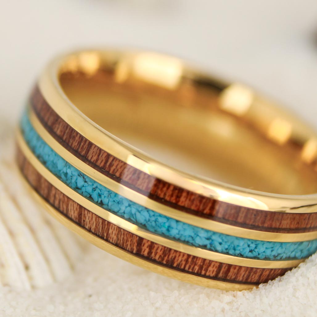 Yellow Gold Tungsten Men's Wedding Band with Blue Stone & Wood Inlays