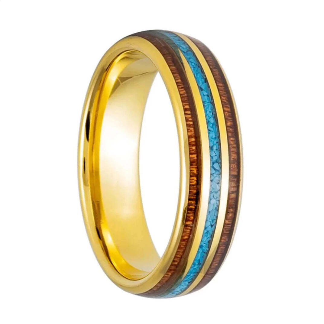Rosewood & Crushed Turquoise Stone Gold Tungsten Women's Wedding Band
