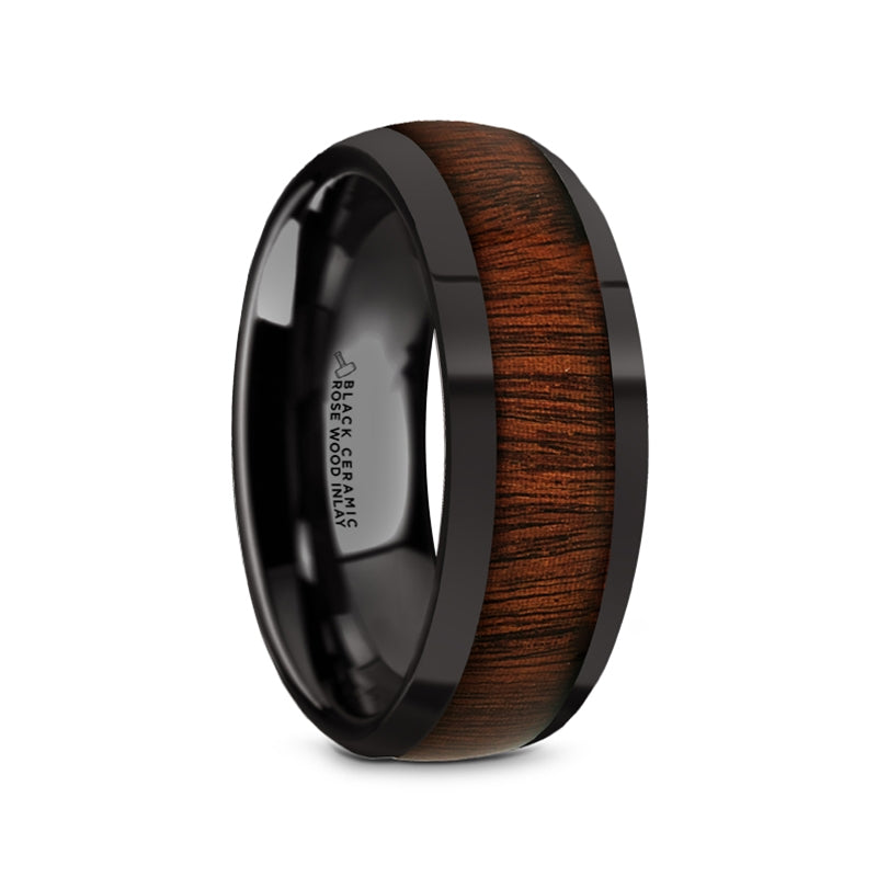 Rosewood Inlay Black Ceramic Men's Wedding Band