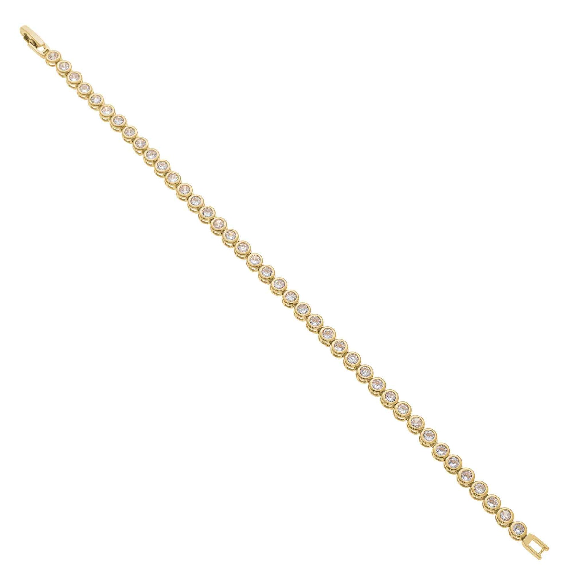 A round bezel set simulated diamond bracelet displayed on a neutral white background.