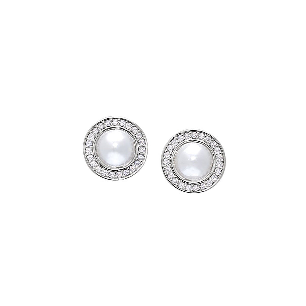 A round cabochon pearl earrings with simulated diamonds displayed on a neutral white background.