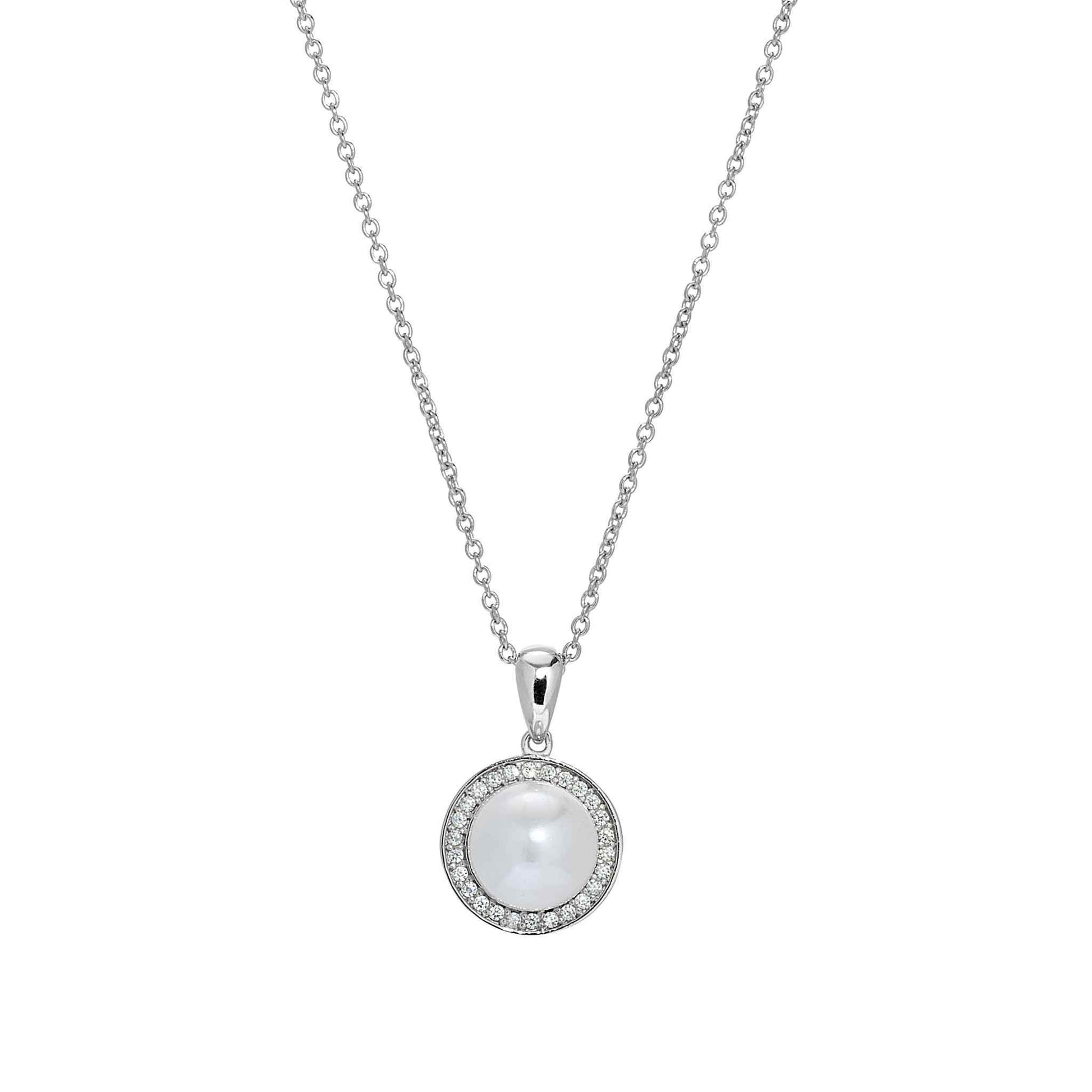 A round cabochon pearl pendant with simulated diamonds displayed on a neutral white background.