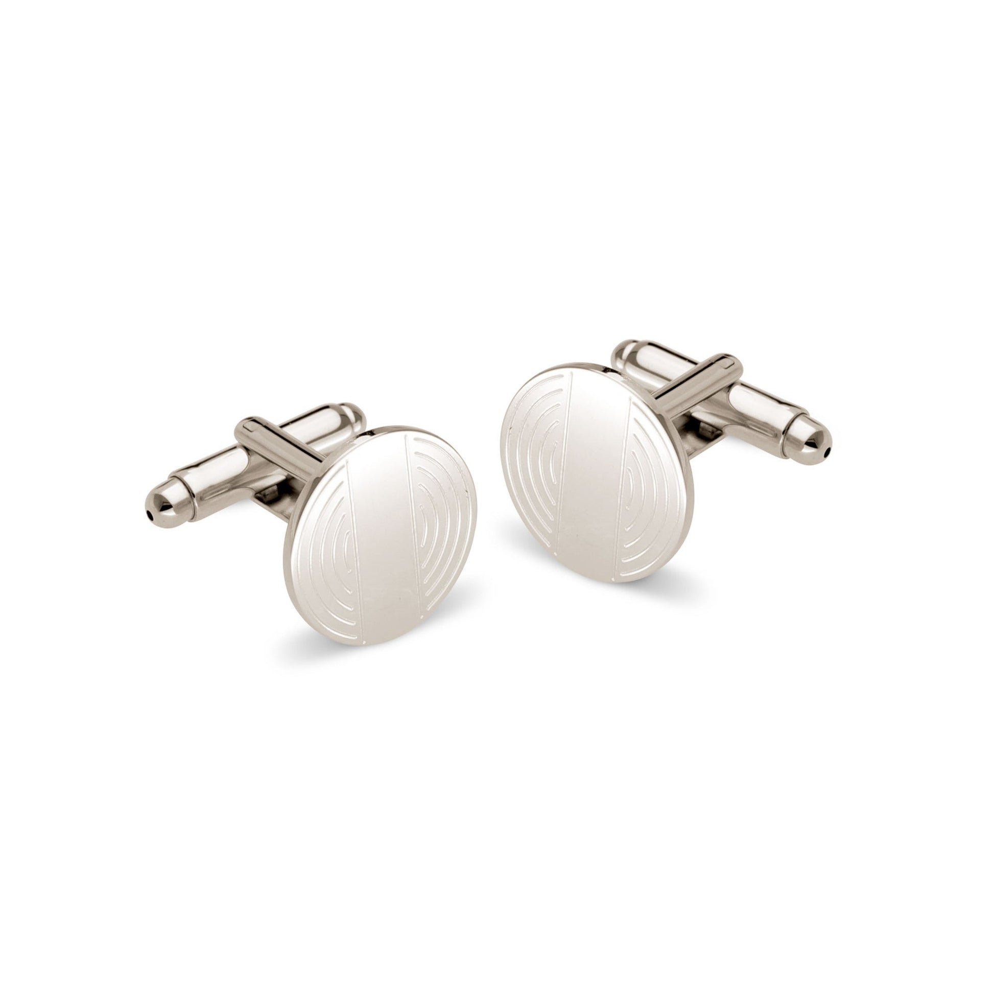 A round cufflinks with half ring engraving displayed on a neutral white background.