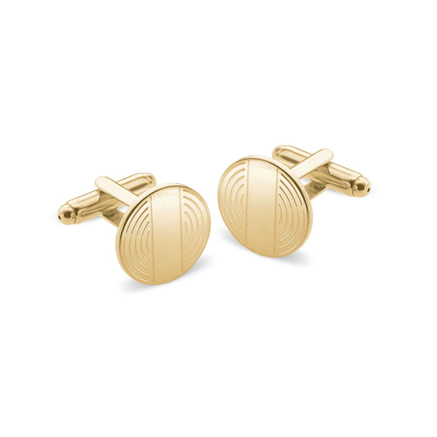 A round cufflinks with half ring engraving displayed on a neutral white background.