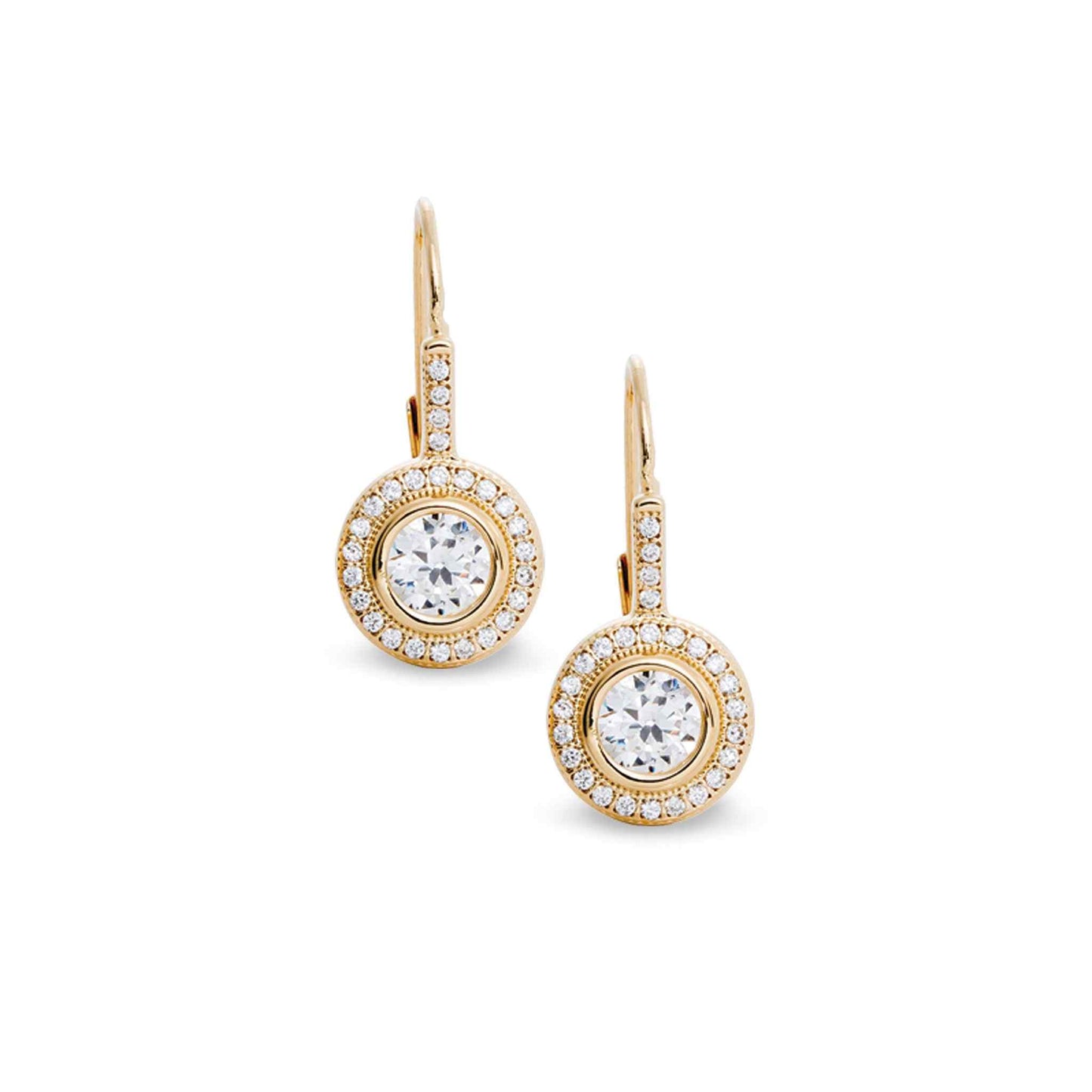 A round earrings with 27 simulated diamonds displayed on a neutral white background.